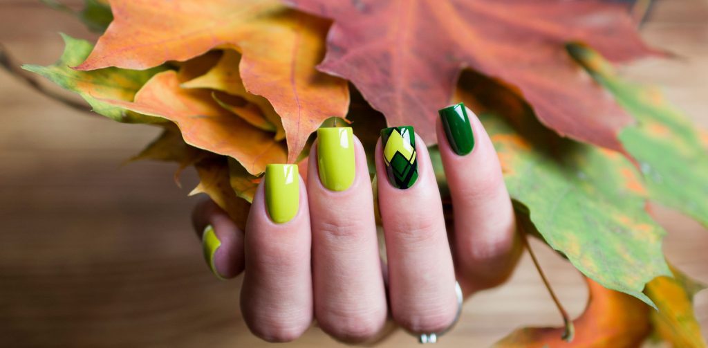 Gel Nail Art in autumn leaves at olive beauty and aesthetics in milton keynes